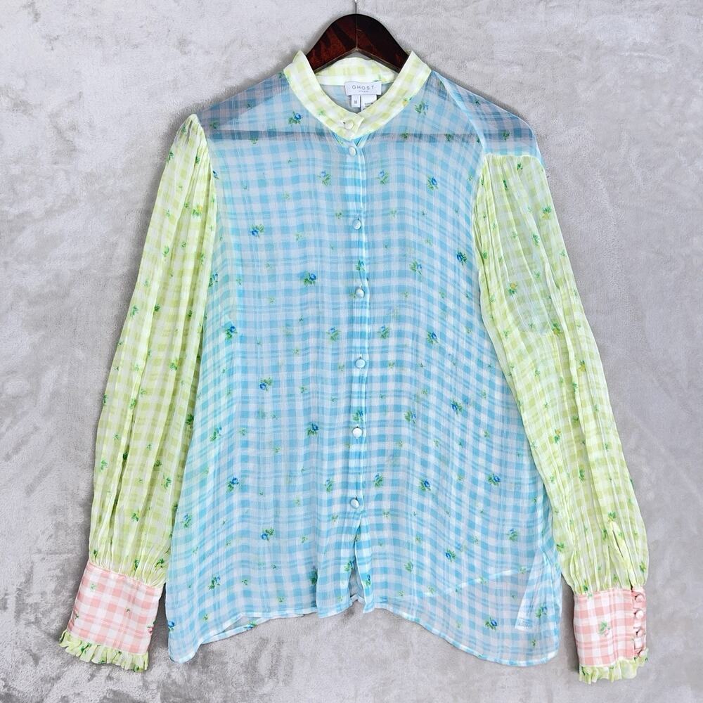 Ghost London Bella Blouse Medium Gingham Botanical Semi Sheer Crepe Picnic-core